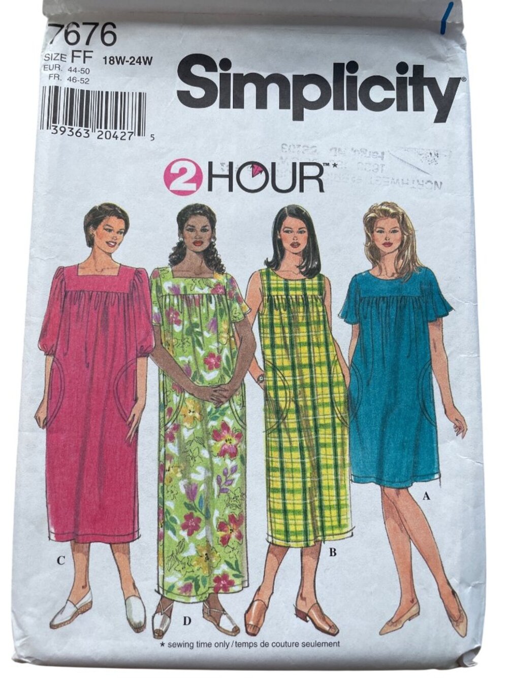 Vintage 90s Simplicity 7676 Sewing Pattern Sizes 18-24W Pullover Dress CUT